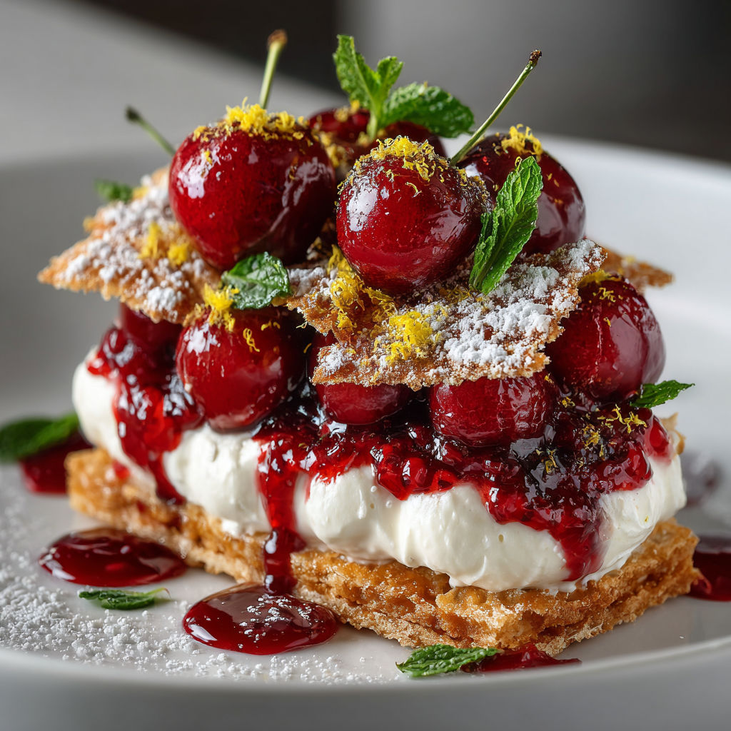 A plate of food with a dessert on top.