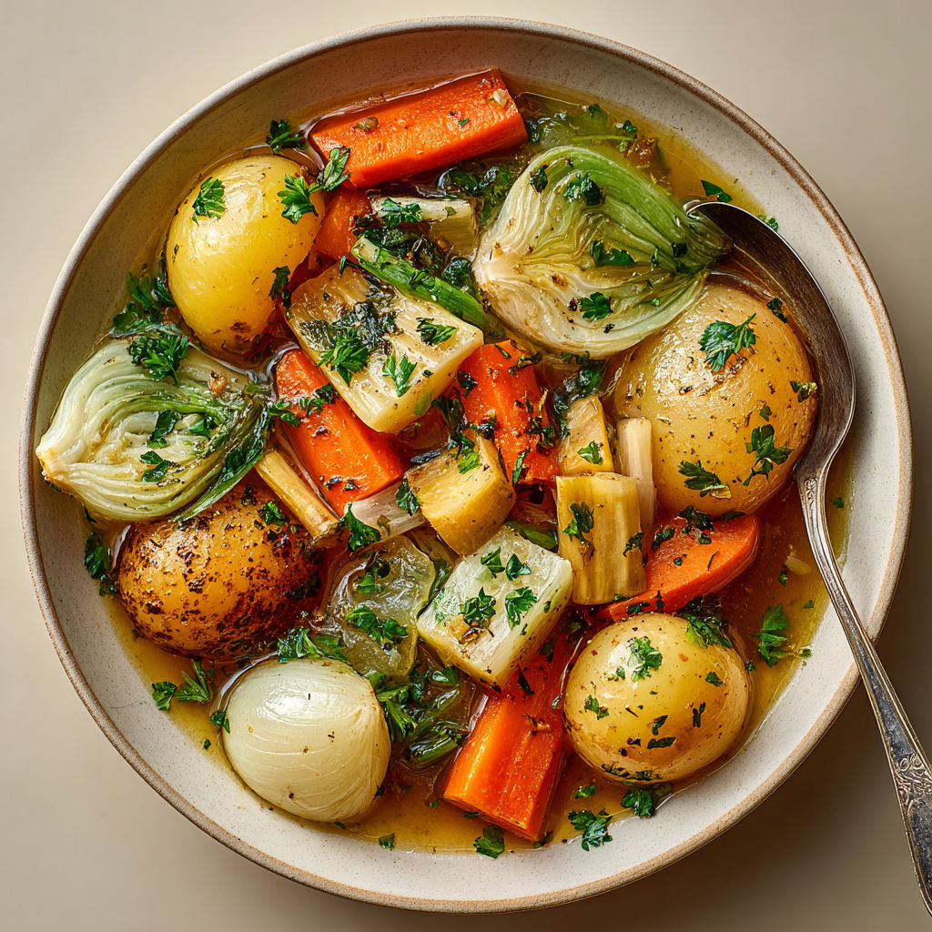 A bowl of soup with vegetables.