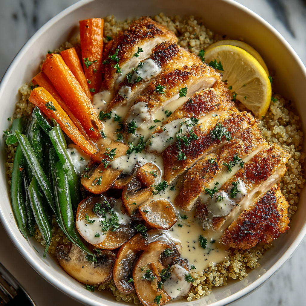 A bowl of food with chicken, carrots, mushrooms, and rice.