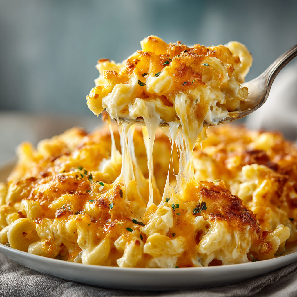 A plate of mac and cheese with a fork on it.