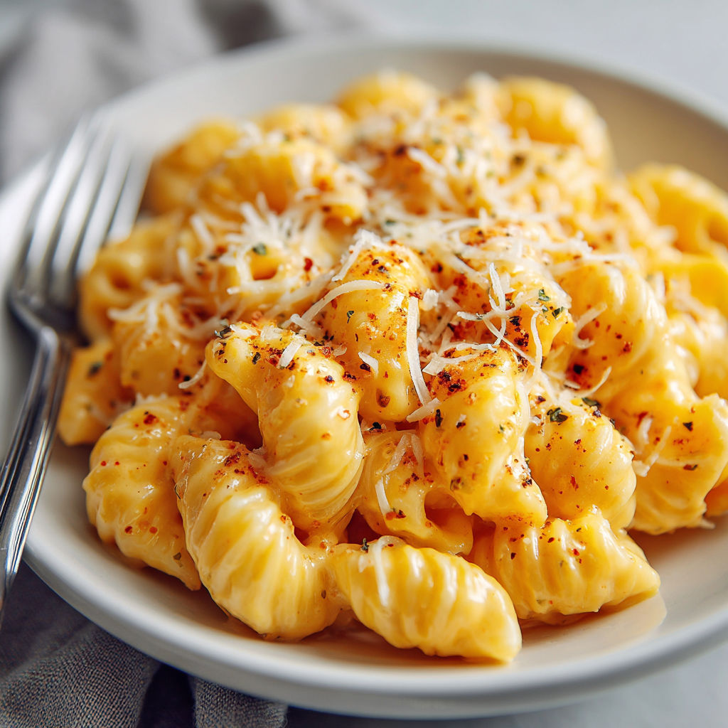 A plate of pasta with cheese and spices.