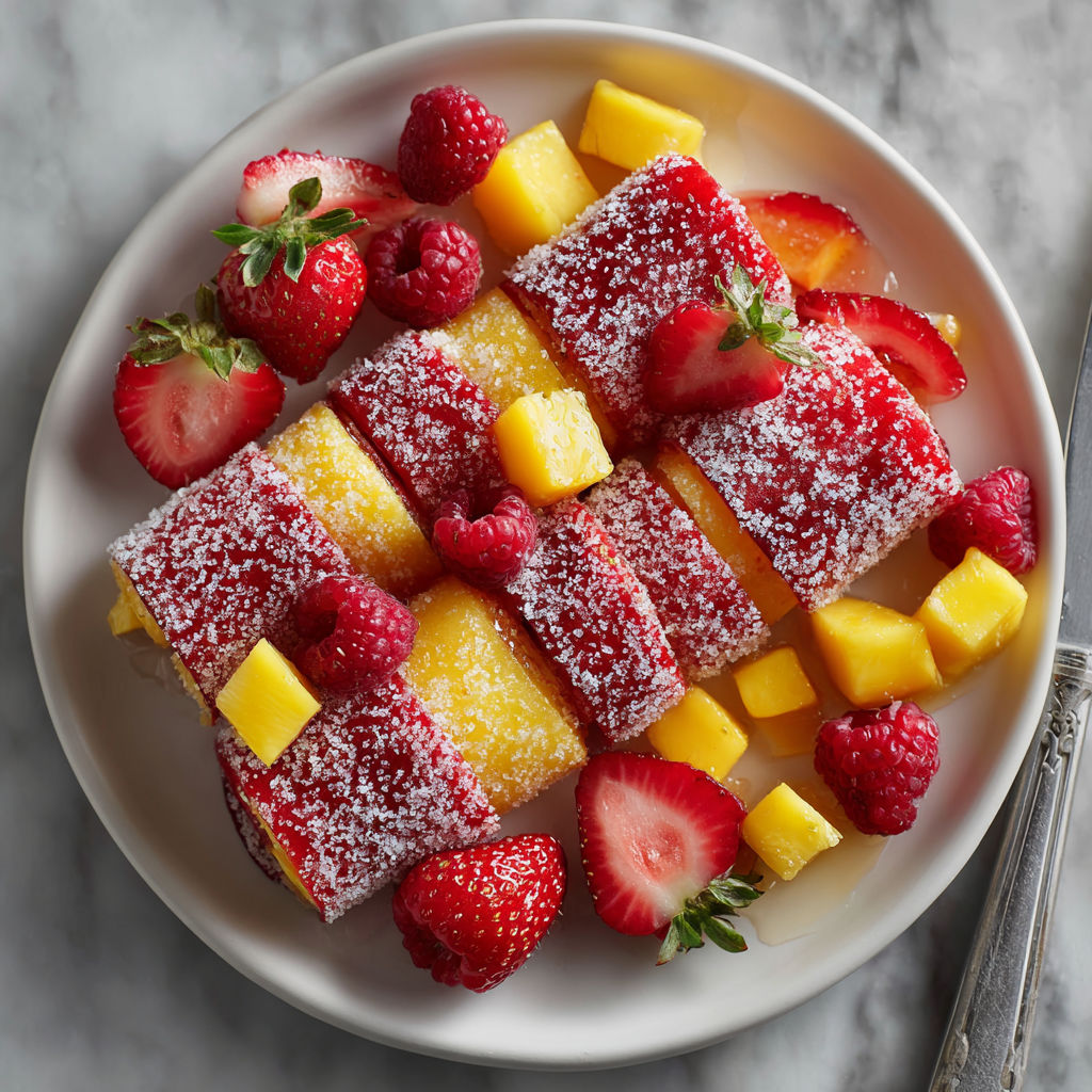A plate of fruit with strawberries and mango.