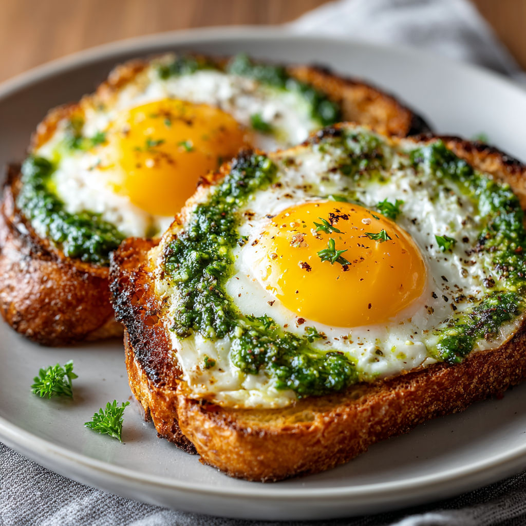 Two pieces of toast with eggs on top.