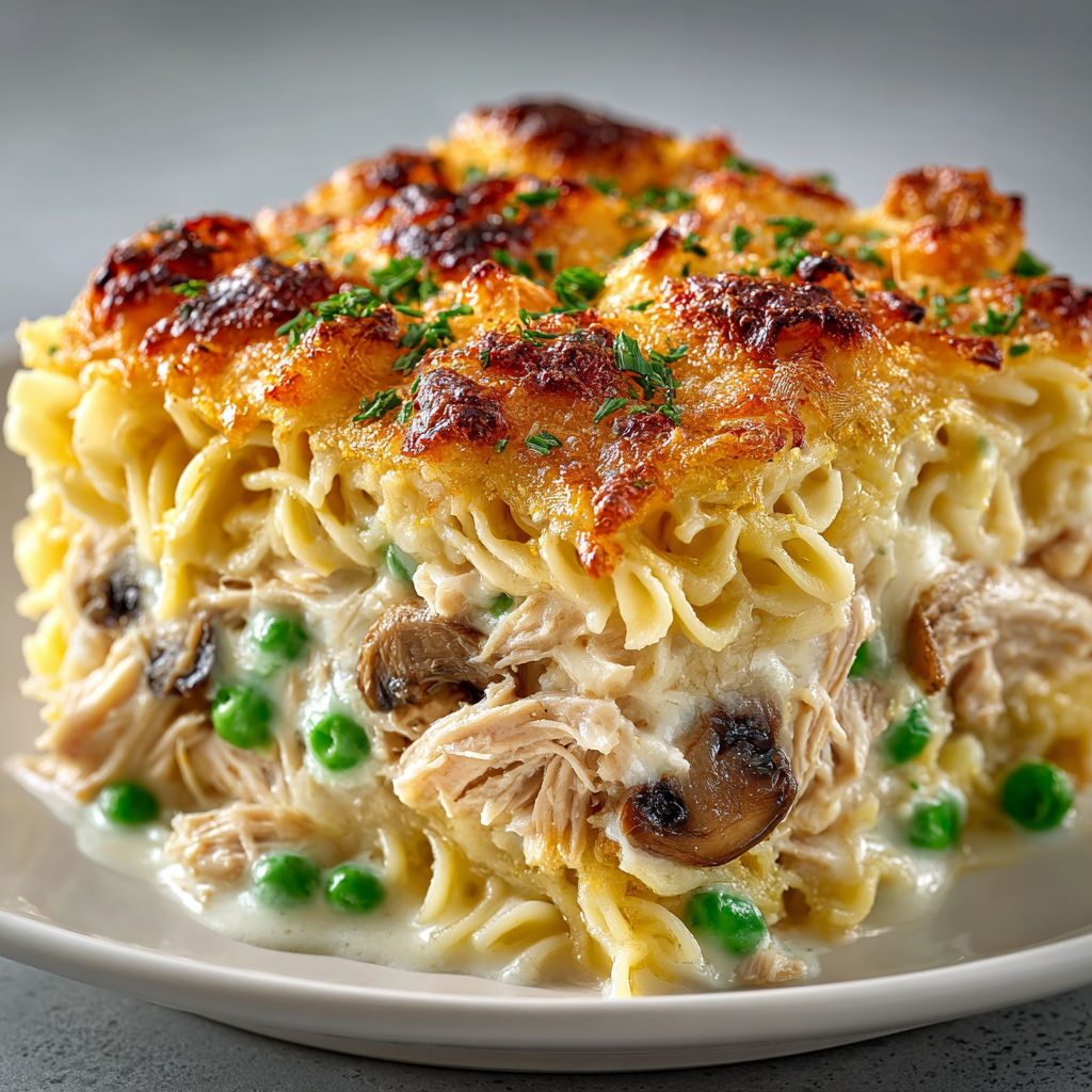 A dish of noodles with mushrooms and peas.