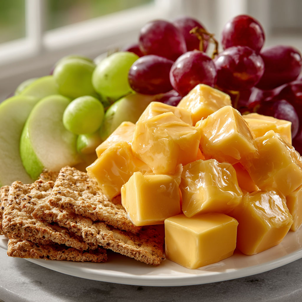 A plate of food with cheese, crackers, grapes, and apples.