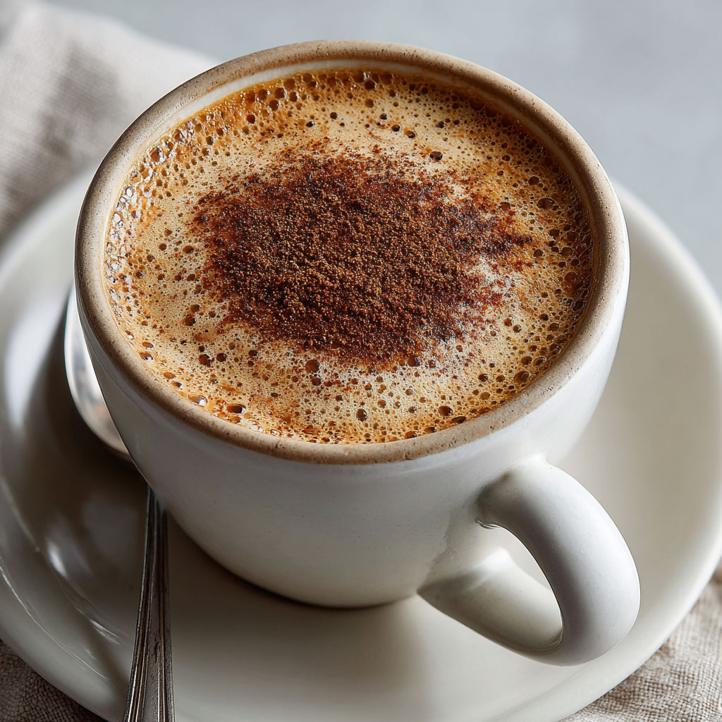 A cup of coffee with a spoon in it.