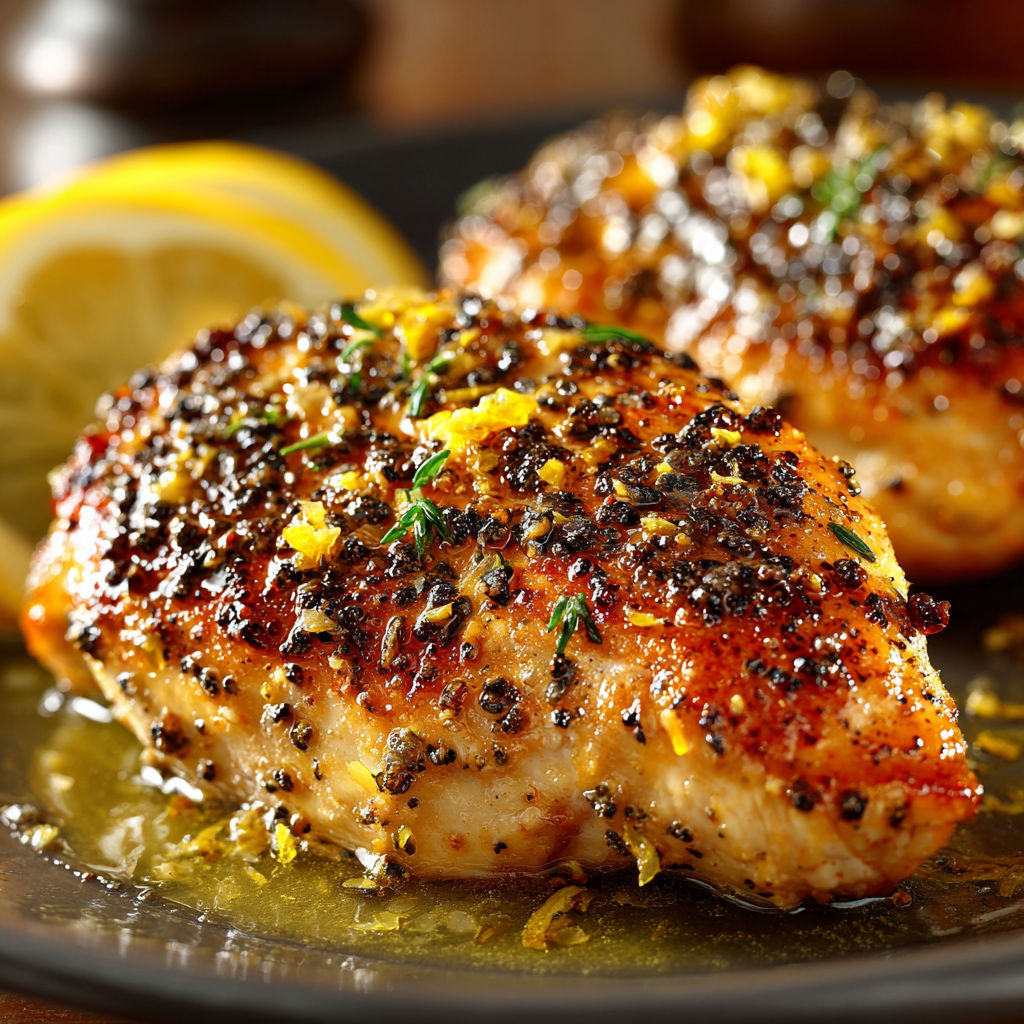 A plate of chicken with lemon and pepper.