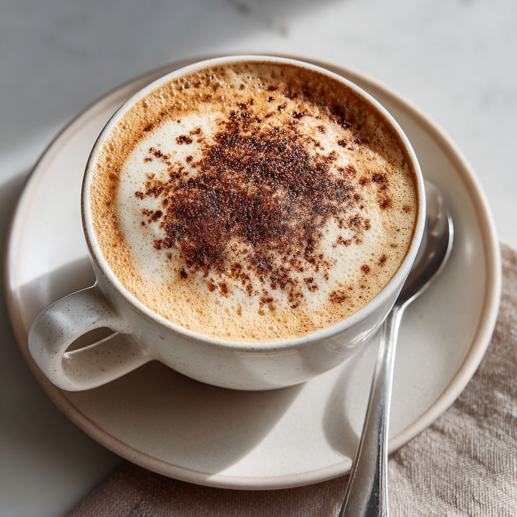 A cup of coffee with a spoon in it.