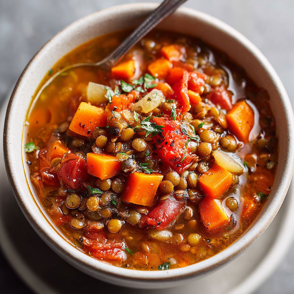 A bowl of soup with a spoon in it.