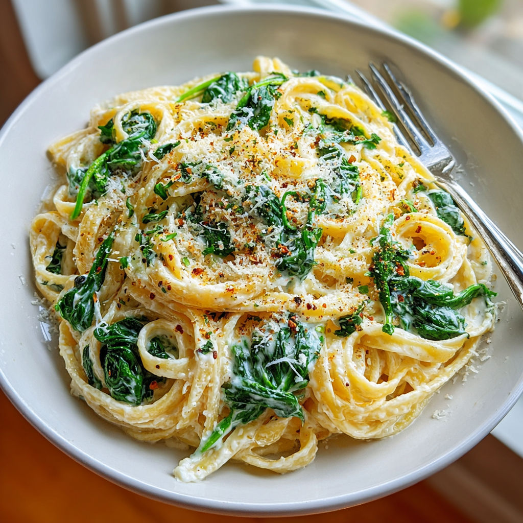 A bowl of pasta with spinach and cheese.