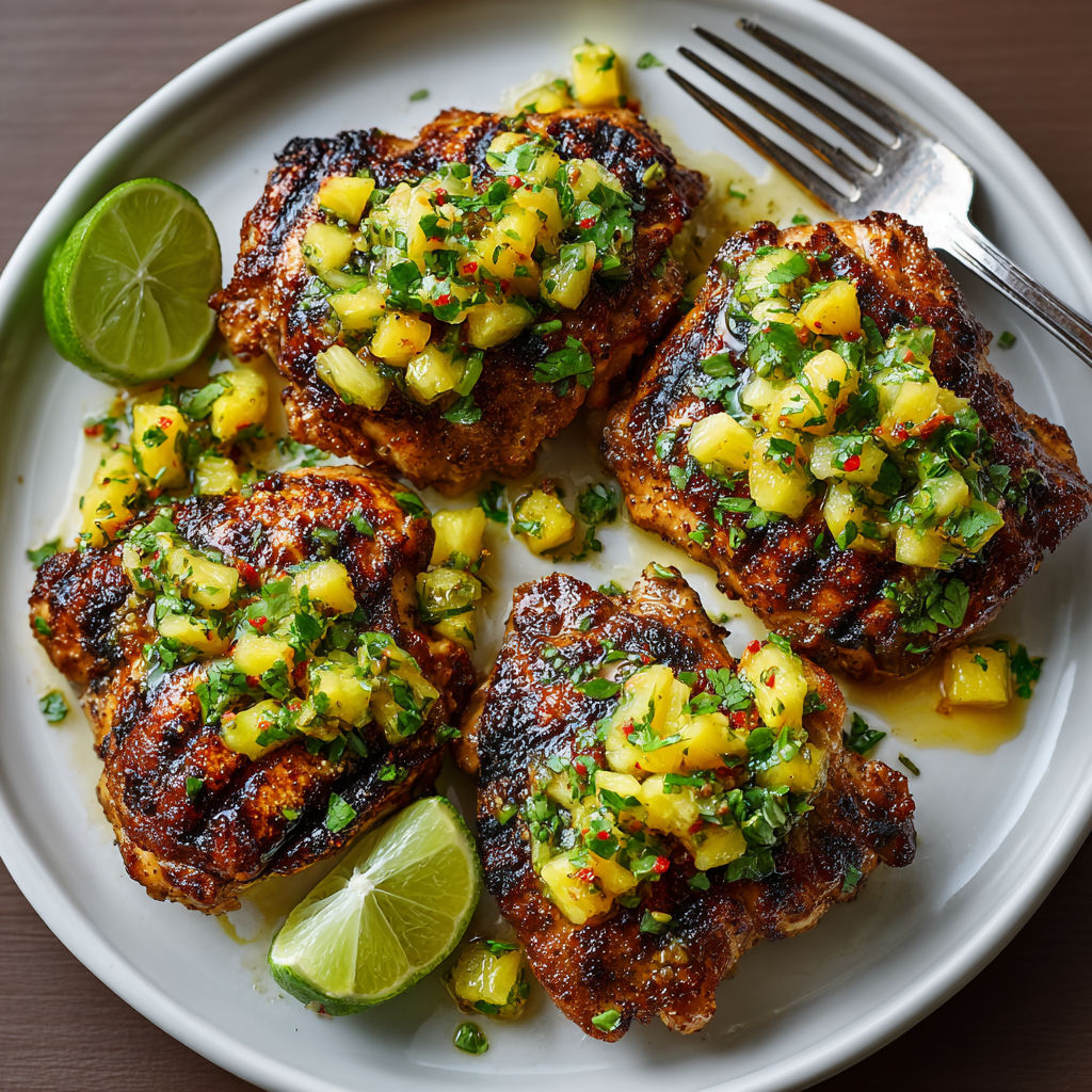 A plate of food with pineapple and lime on it.