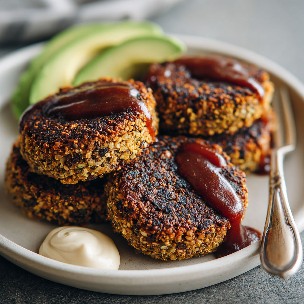 A plate of vegan black bean cakes with sauce.
