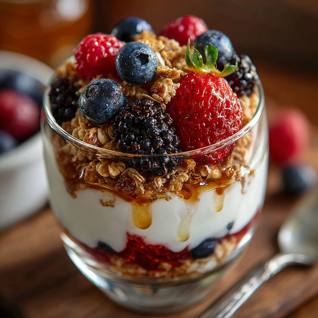 A glass of yogurt with berries and strawberries.