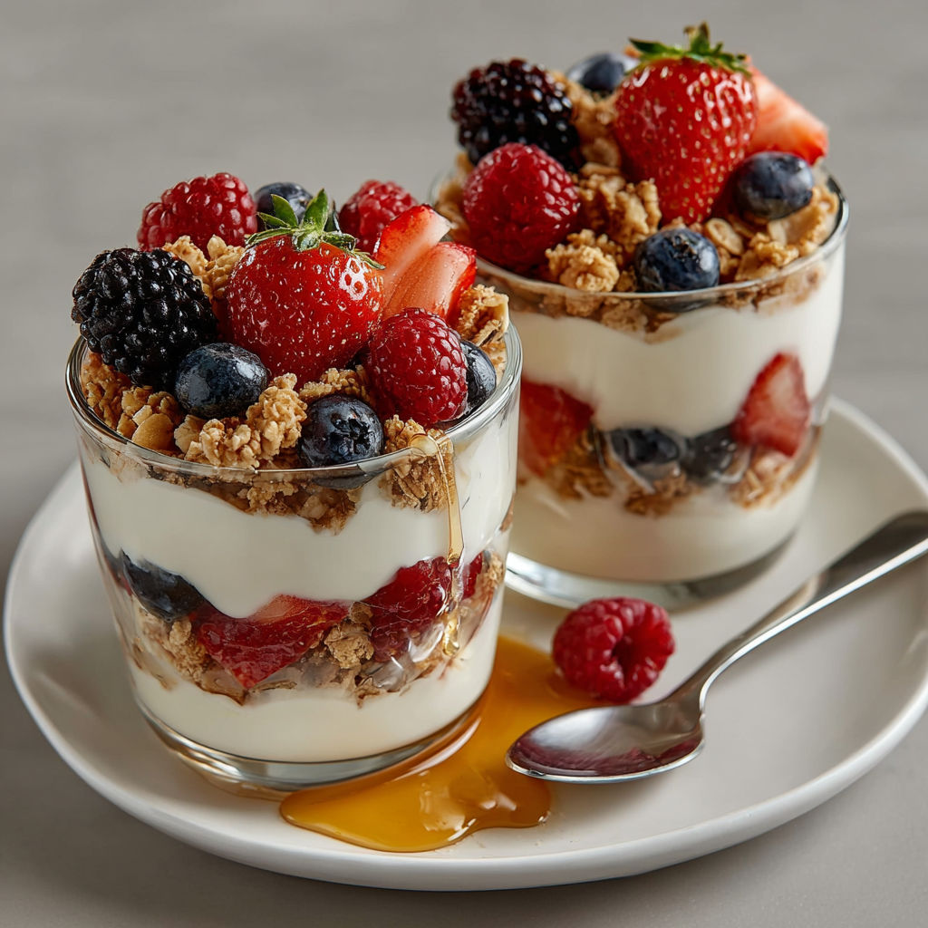 Two glasses of yogurt with berries and granola.