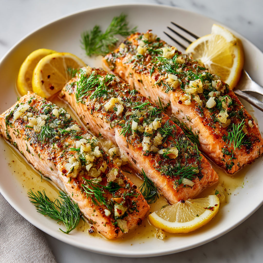 A plate of fish with lemon wedges on top.