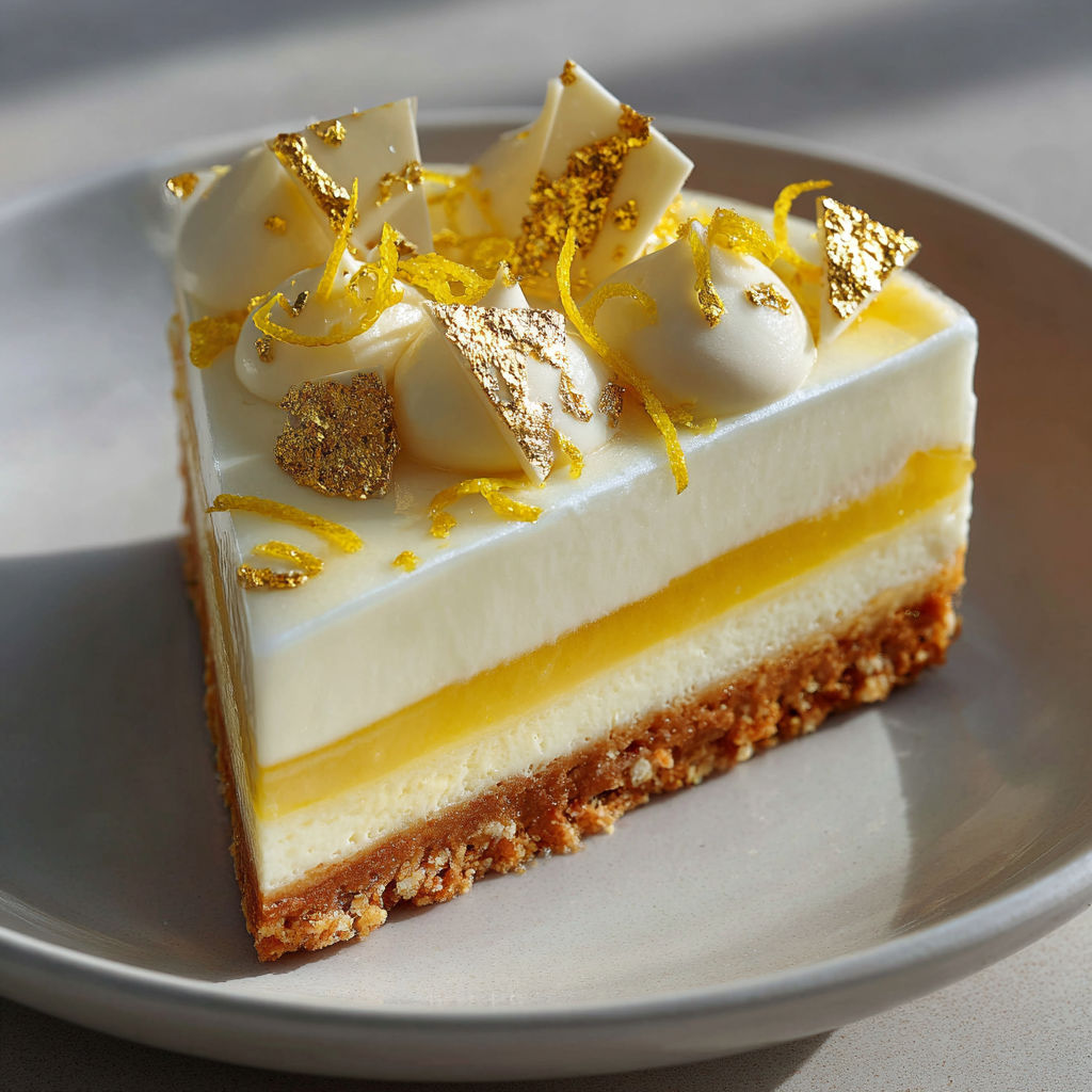 A slice of cake with a gold leaf on top.