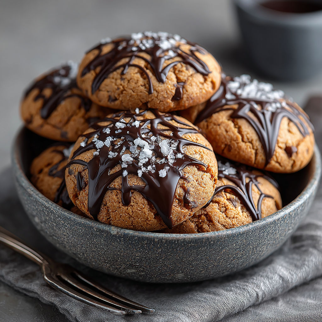 A bowl of cookies with chocolate drizzle.
