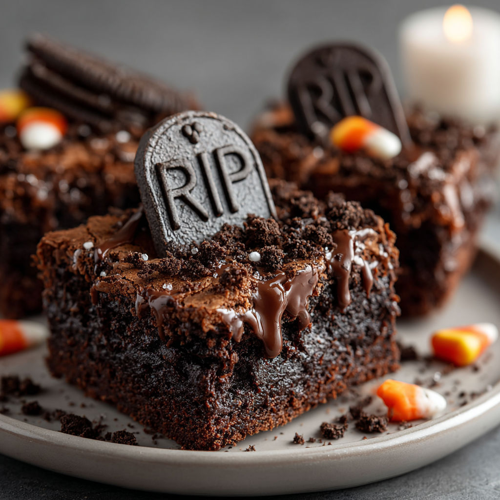 A plate of brownies with a graveyard theme.