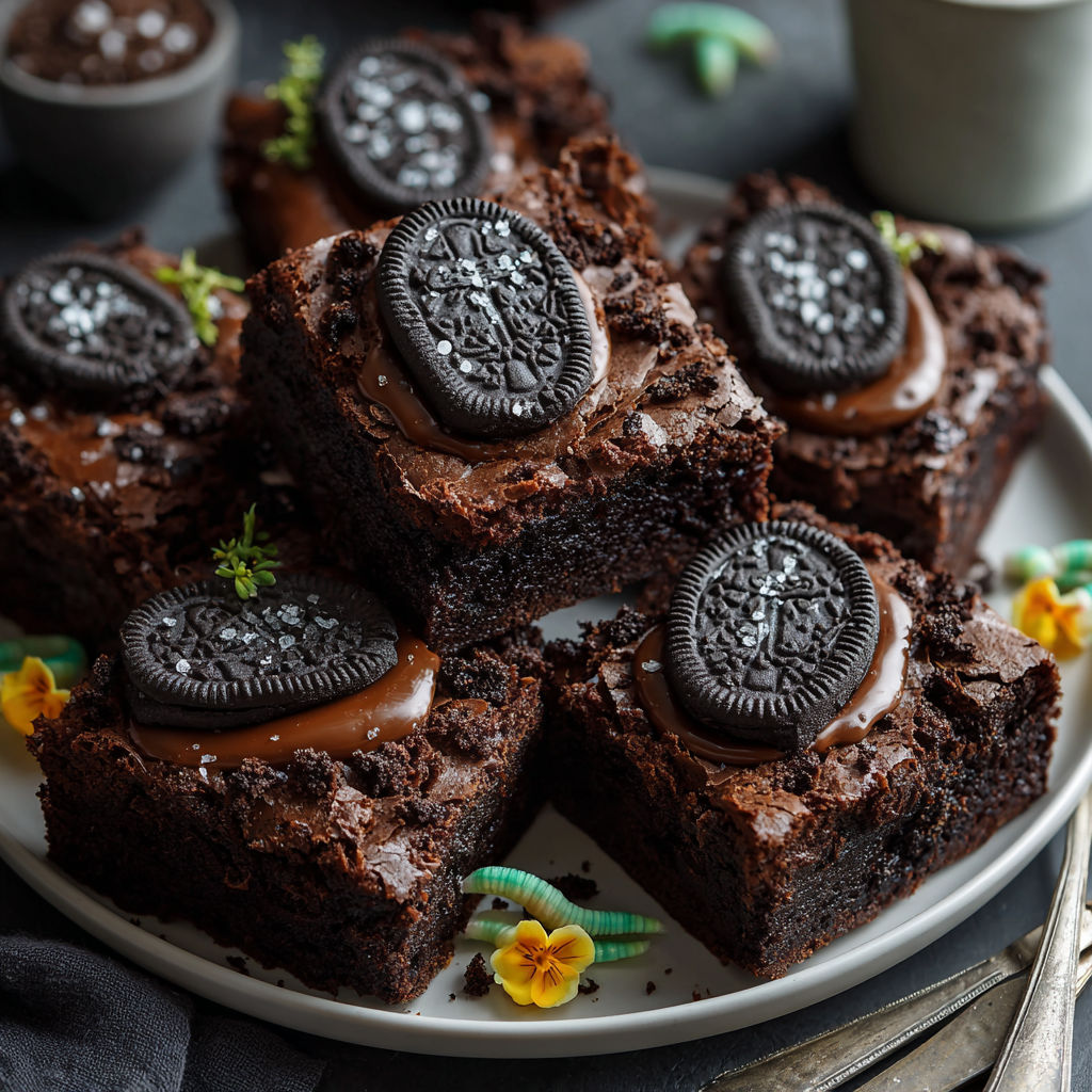 A plate of brownies with chocolate and Oreo cookies.