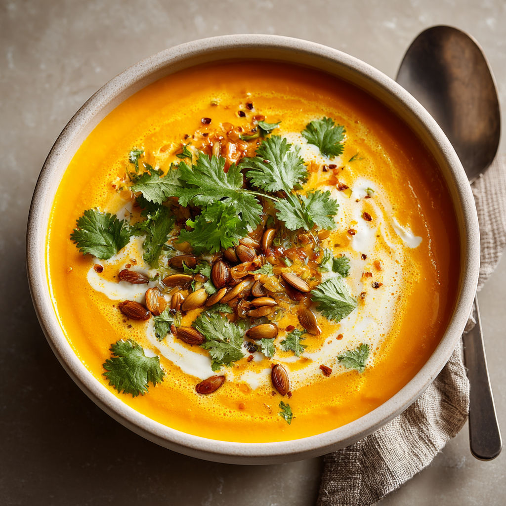 A bowl of soup with a spoon in it.