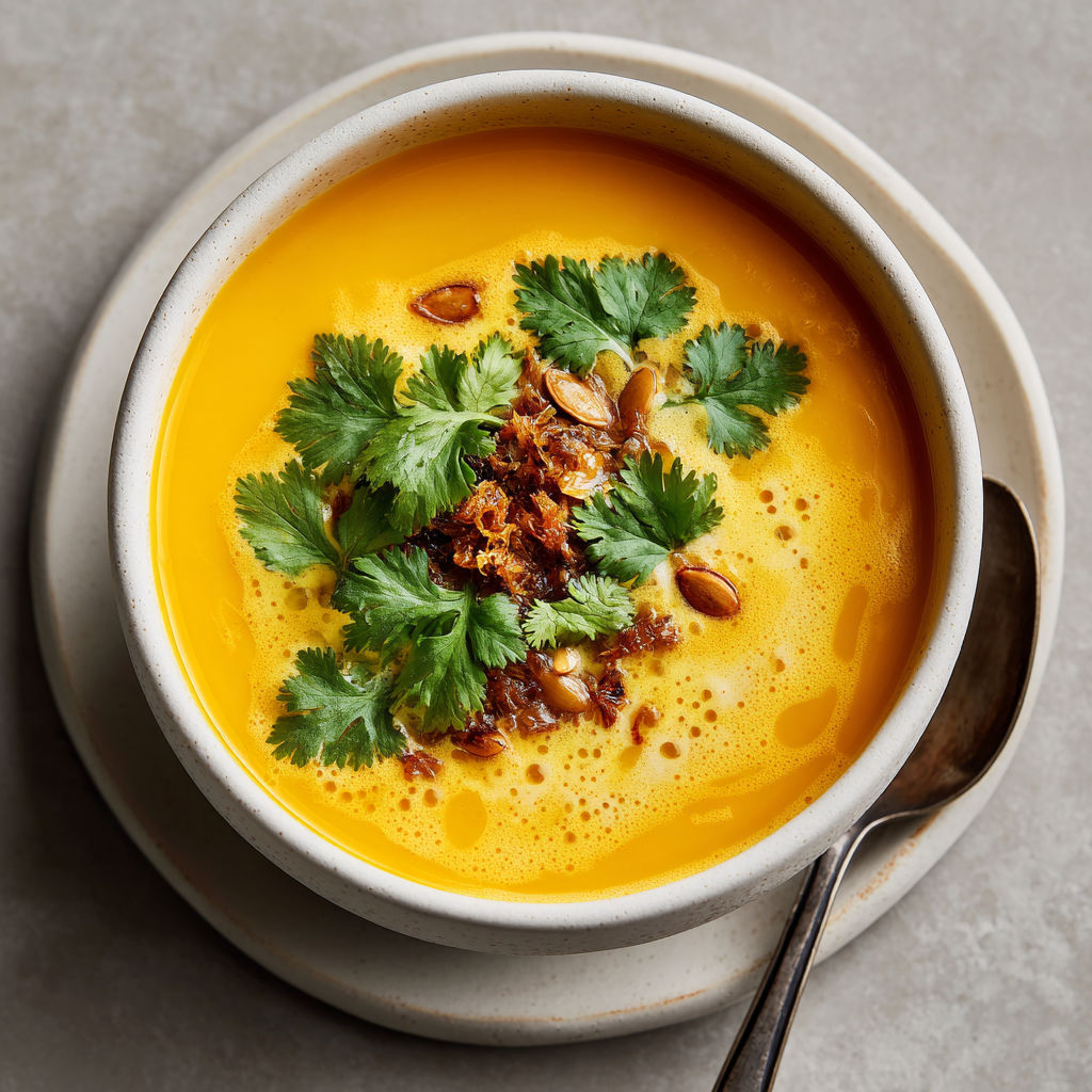 A bowl of soup with a spoon in it.