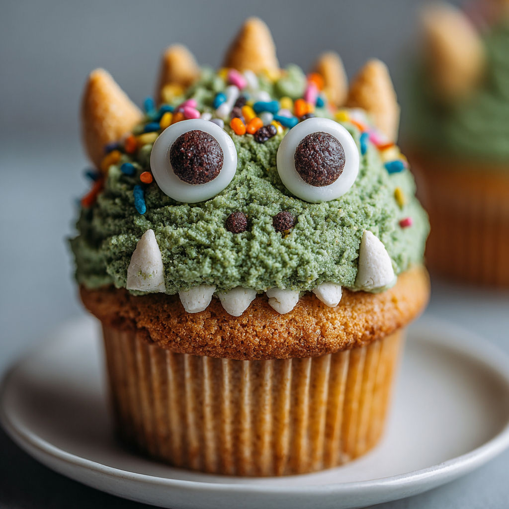 A cupcake with a green frosting and a brown face.