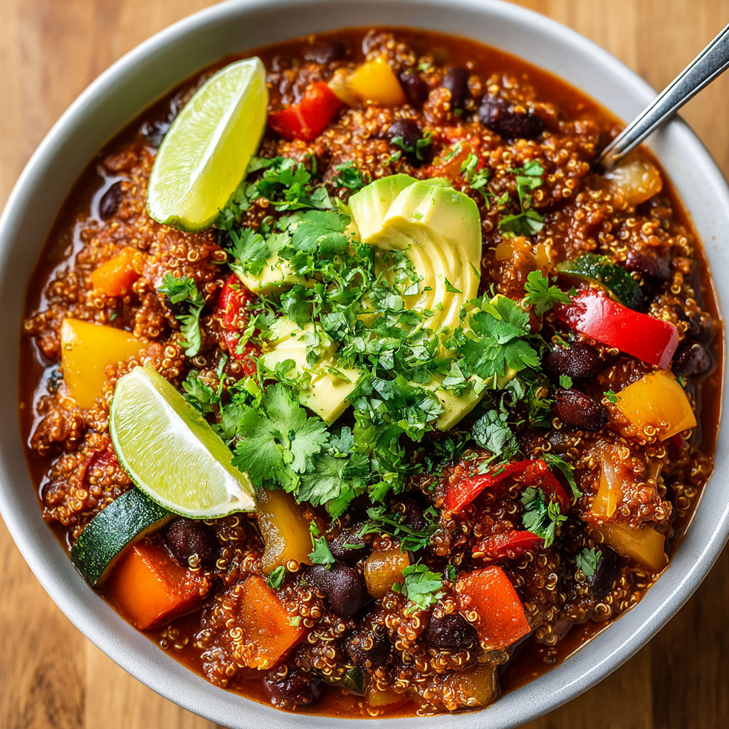 A bowl of chili sin carne sorcière with black beans and quinoa.