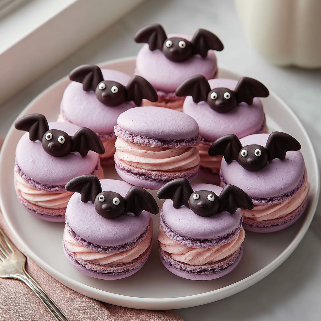 A plate of purple cupcakes with bats on top.