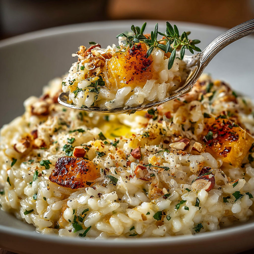 A spoonful of pumpkin, Parmesan and truffle risotto with toasted hazelnuts.
