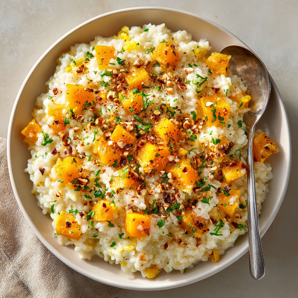 A bowl of rice with pumpkin, Parmesan, and truffle risotto with toasted hazelnuts.