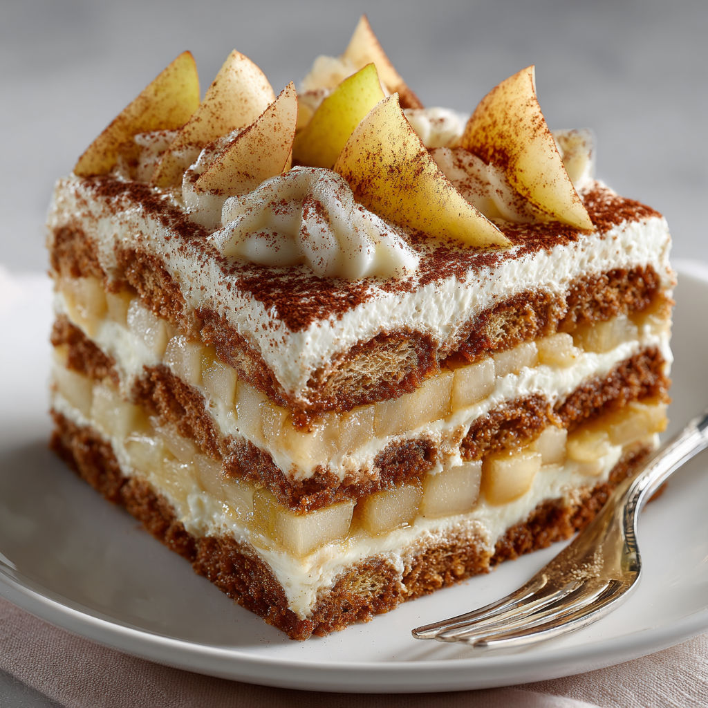 A slice of eggless pear-cinnamon "Phantom" tiramisu.