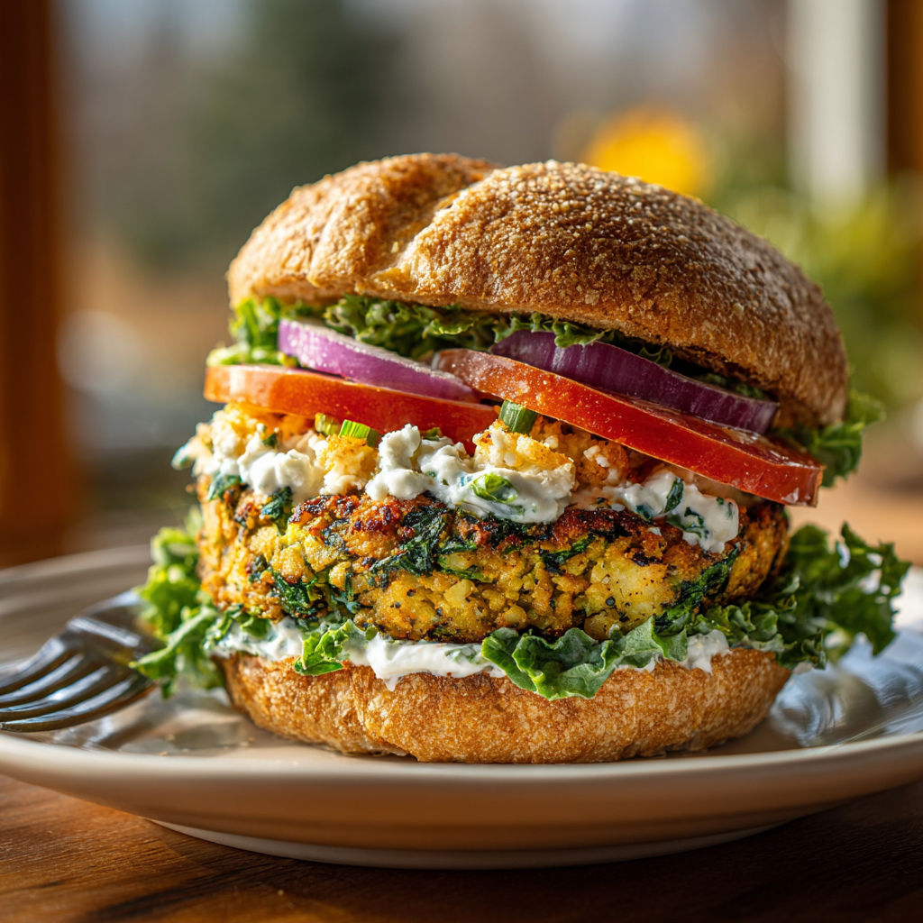 A Frankenstein Spinach & Feta Veggie Burger.