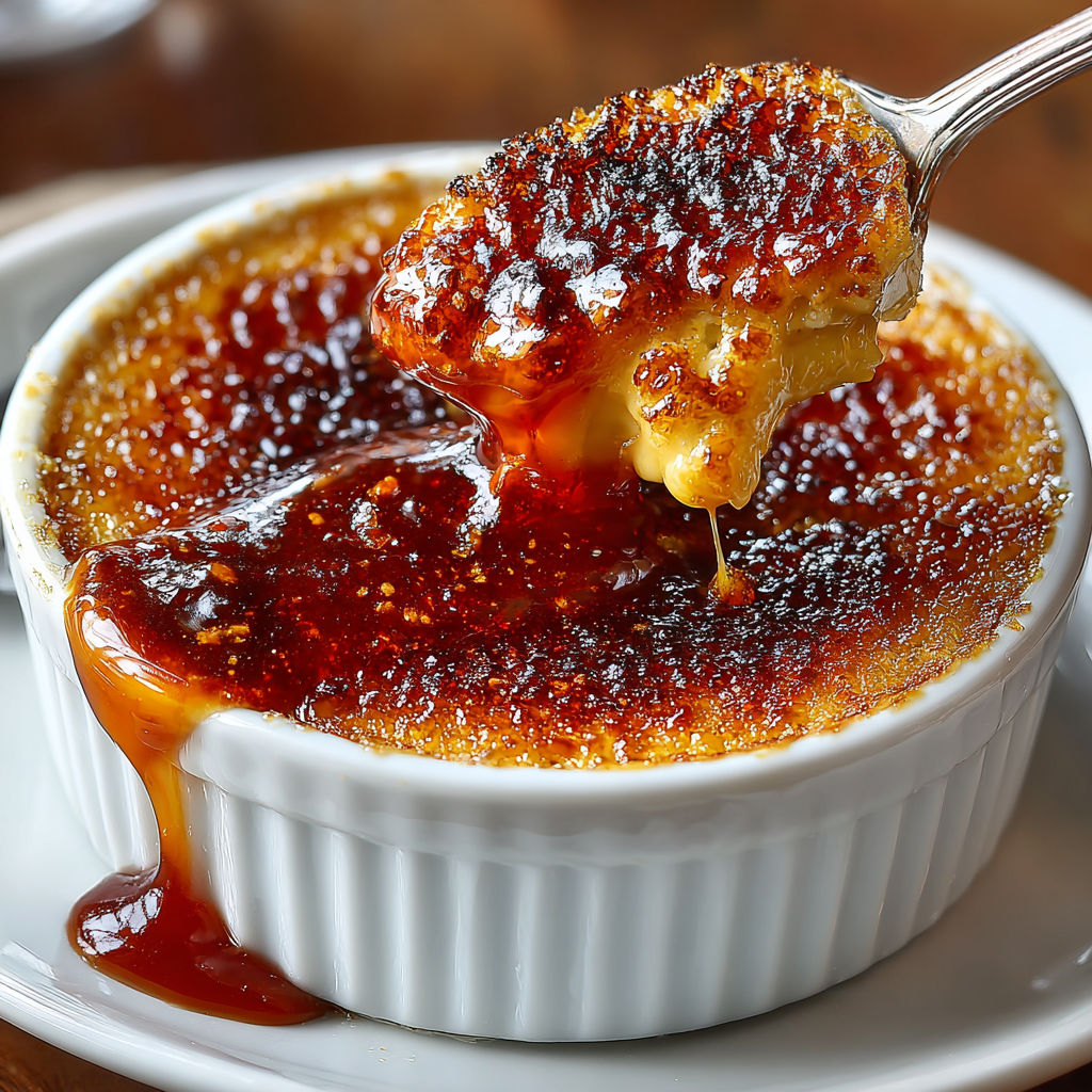 A spoon is in a bowl of pumpkin-bourbon vanilla crème brûlée.