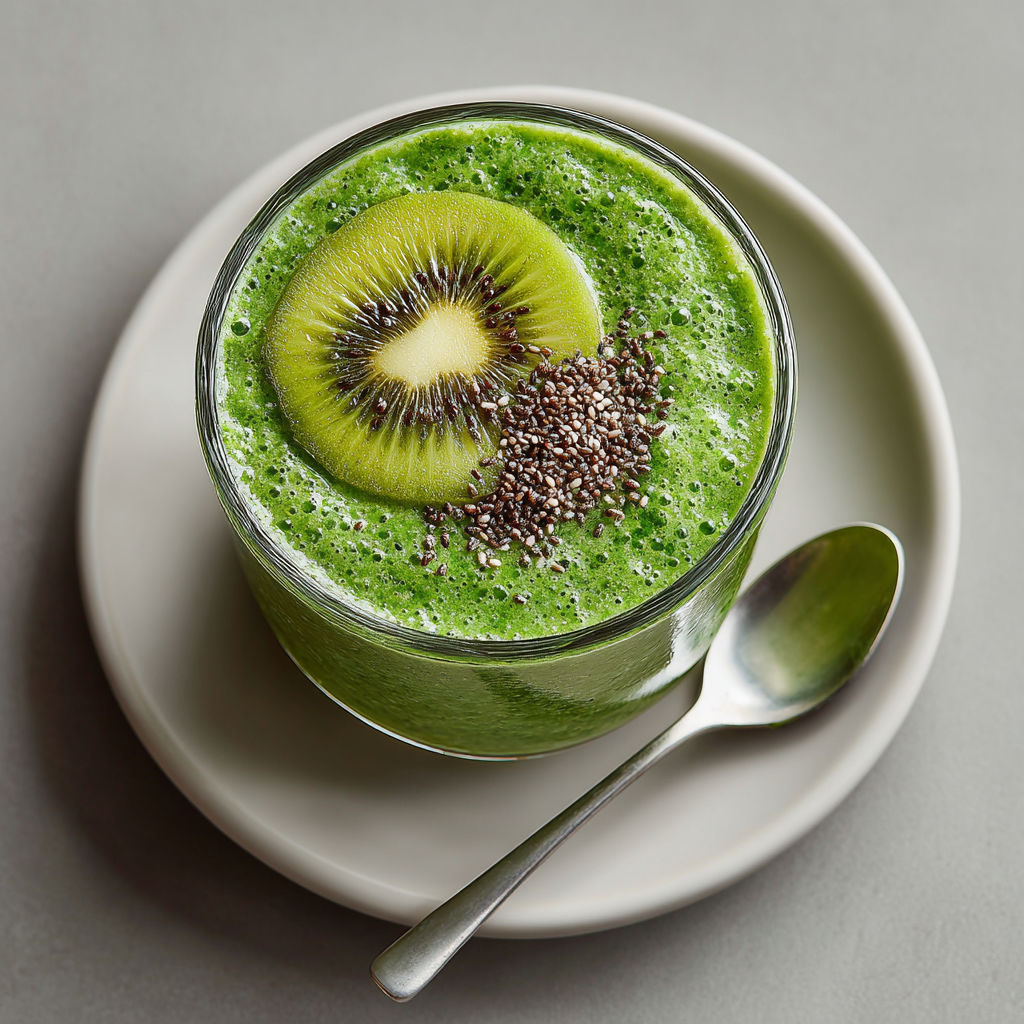 A glass of green smoothie with kiwi, spinach, and spirulina.