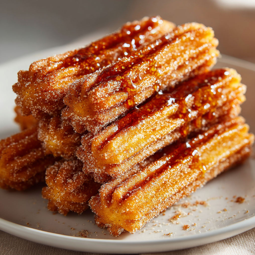 A stack of churros with spiced sugar on a plate.