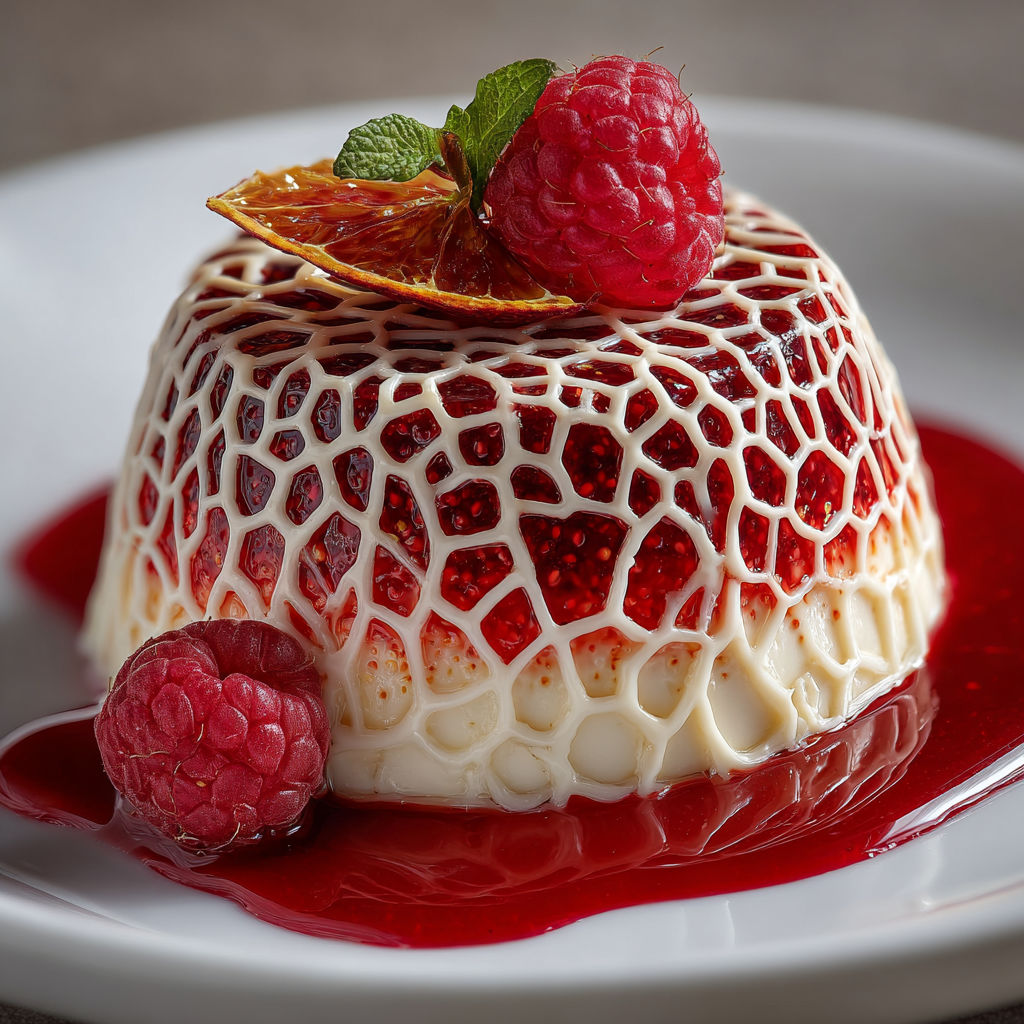 A dessert with a blood orange panna cotta and skeleton raspberry coulis.
