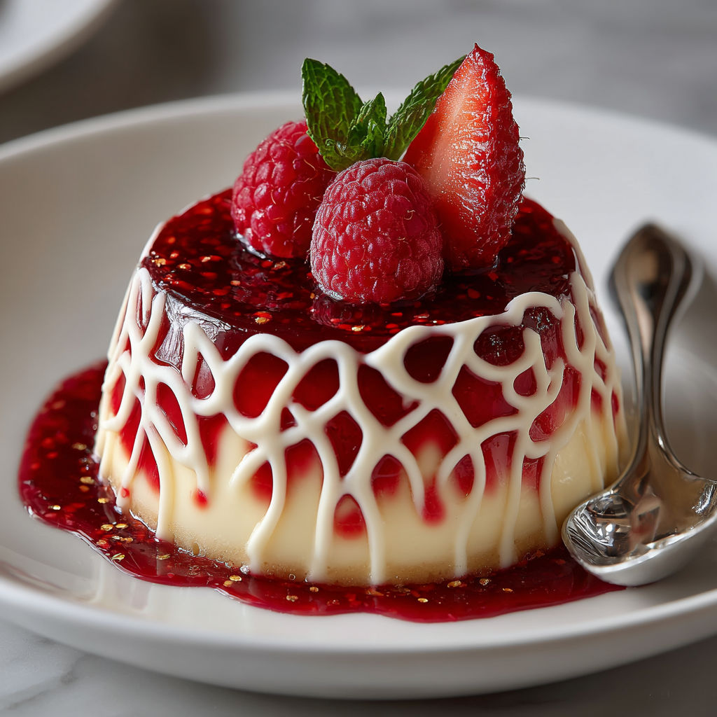 A dessert with white and red sauce.