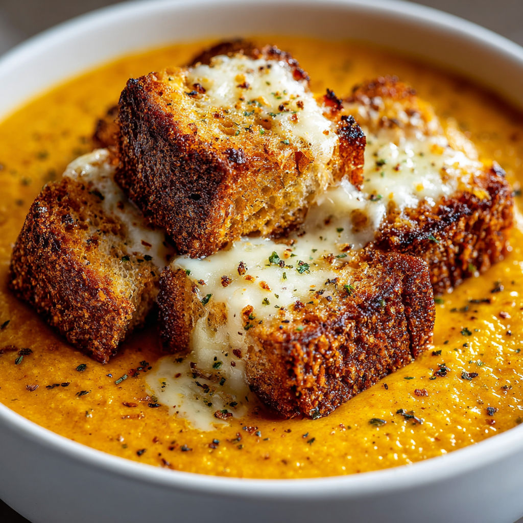 A bowl of soup with croutons on top.