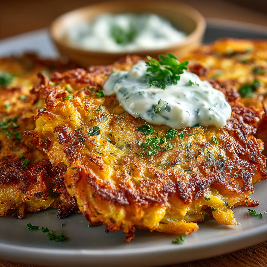 A plate of savory pumpkin fritters with herb yogurt dip.