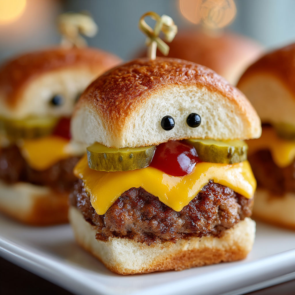 A plate of burgers with pickle eyes.