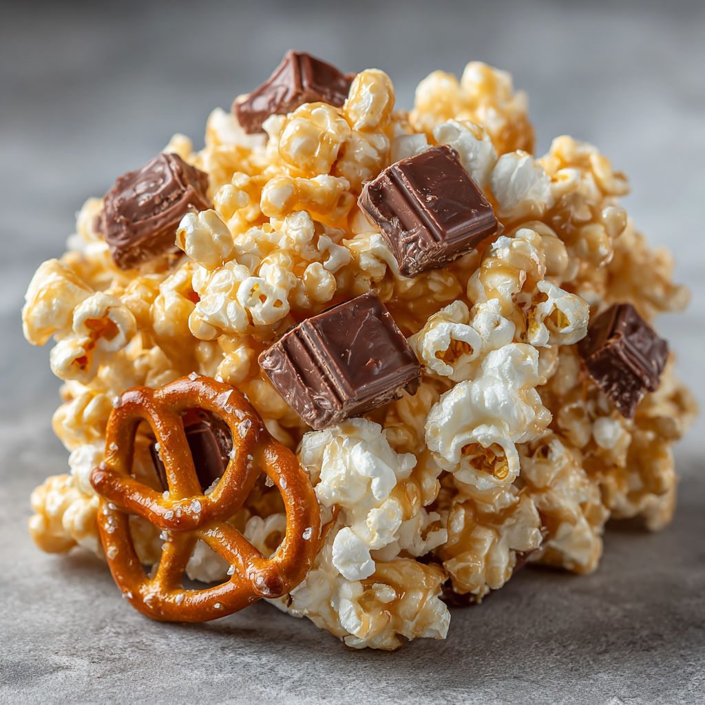 A close up of a caramel popcorn snack mix.