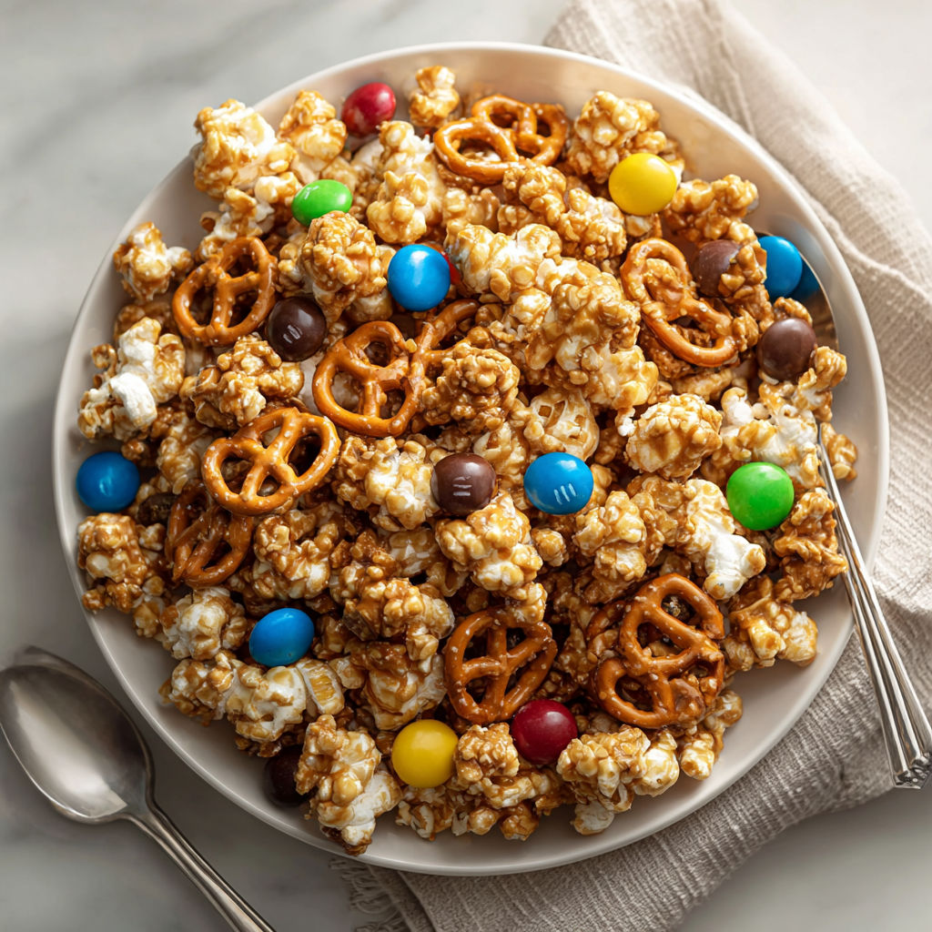 A bowl of popcorn with M&M's.