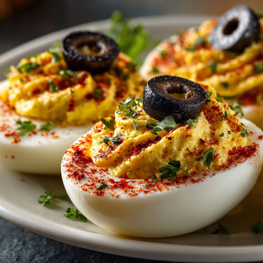 Two deviled eggs with black olives and paprika.