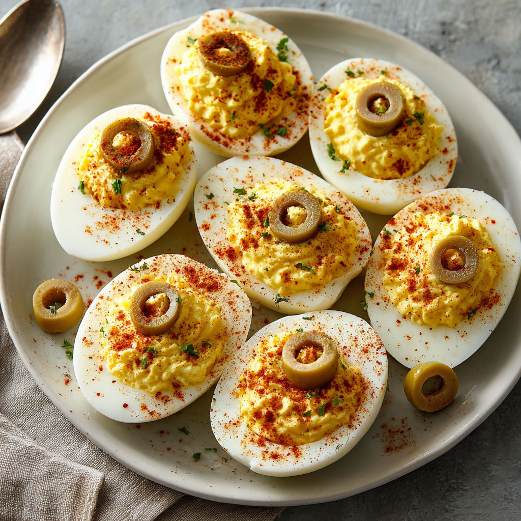 Spooky deviled eggs with paprika dust.