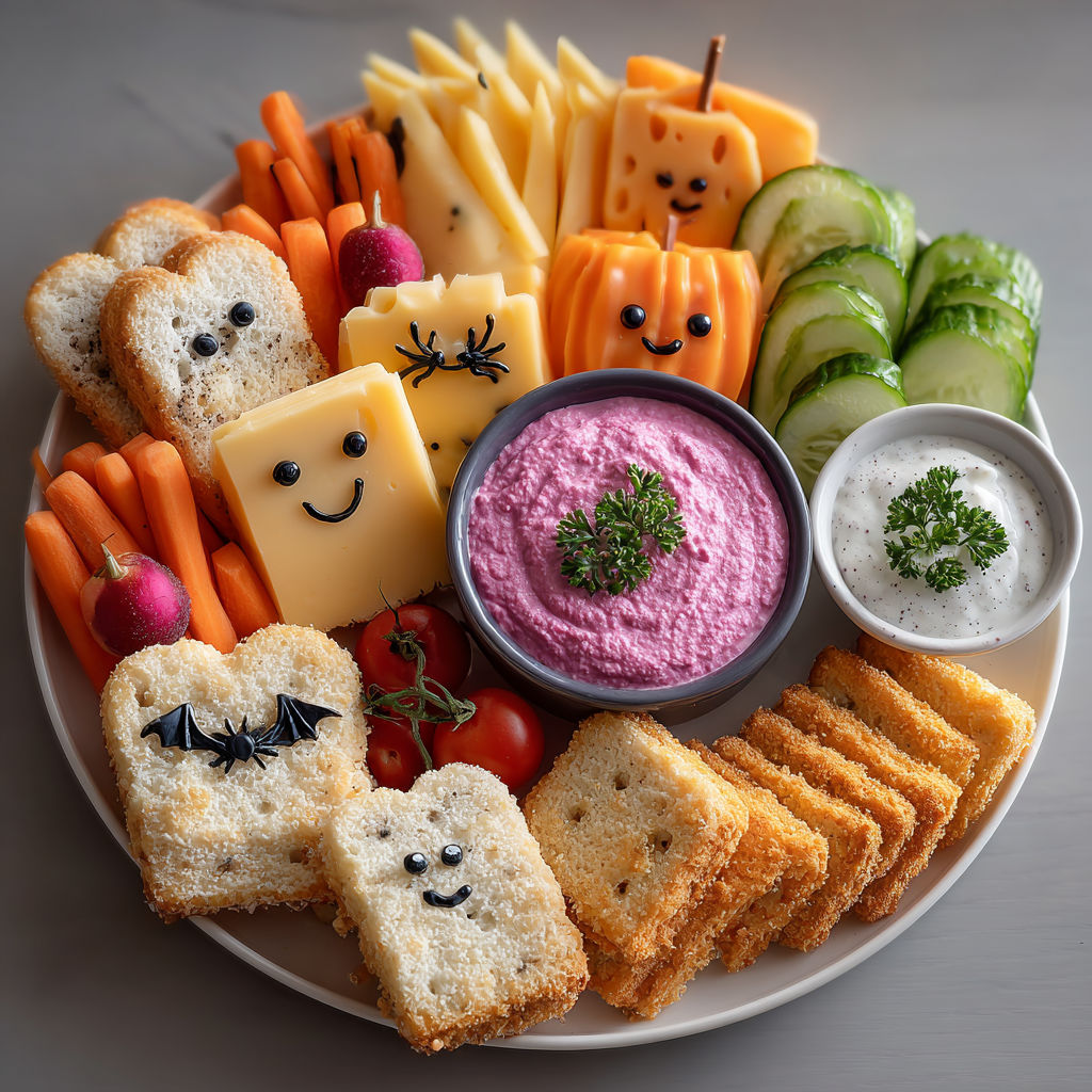 A plate of food with a variety of items including bread, cheese, tomatoes, carrots, and cucumbers.