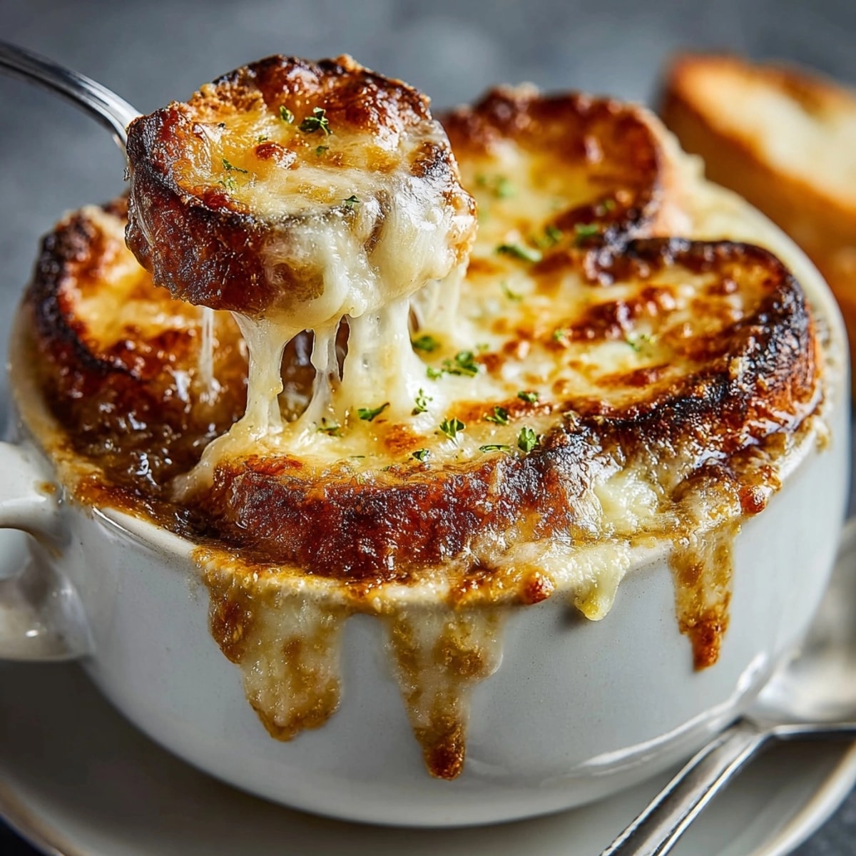 Soupe à l'oignon gratinée fumante: des oignons dorés et du fromage fondu dégoulinant sur une soupe copieuse.