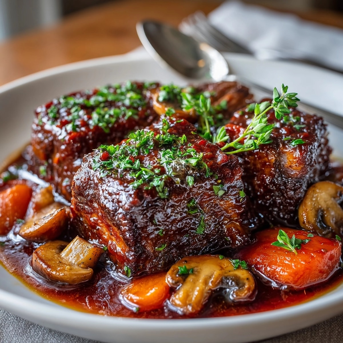Boeuf bourguignon classique : un ragoût de bœuf français copieux, idéal avec de la purée de pommes de terre crémeuse.
