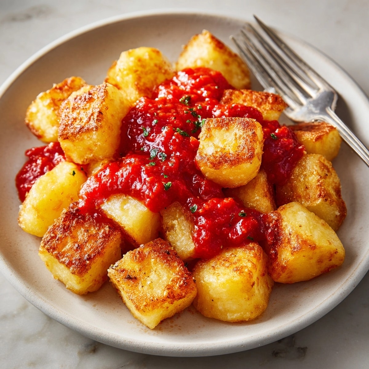 Patatas bravas croustillantes nappées d'une sauce piquante, parfaites pour partager comme tapas espagnoles authentiques.