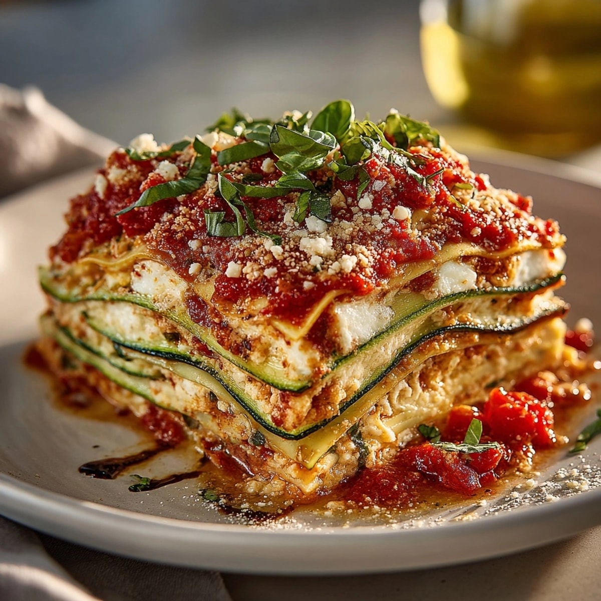 Lasagnes aux courgettes et feta, plat crémeux fondant et savoureux, prêt à être dégusté.