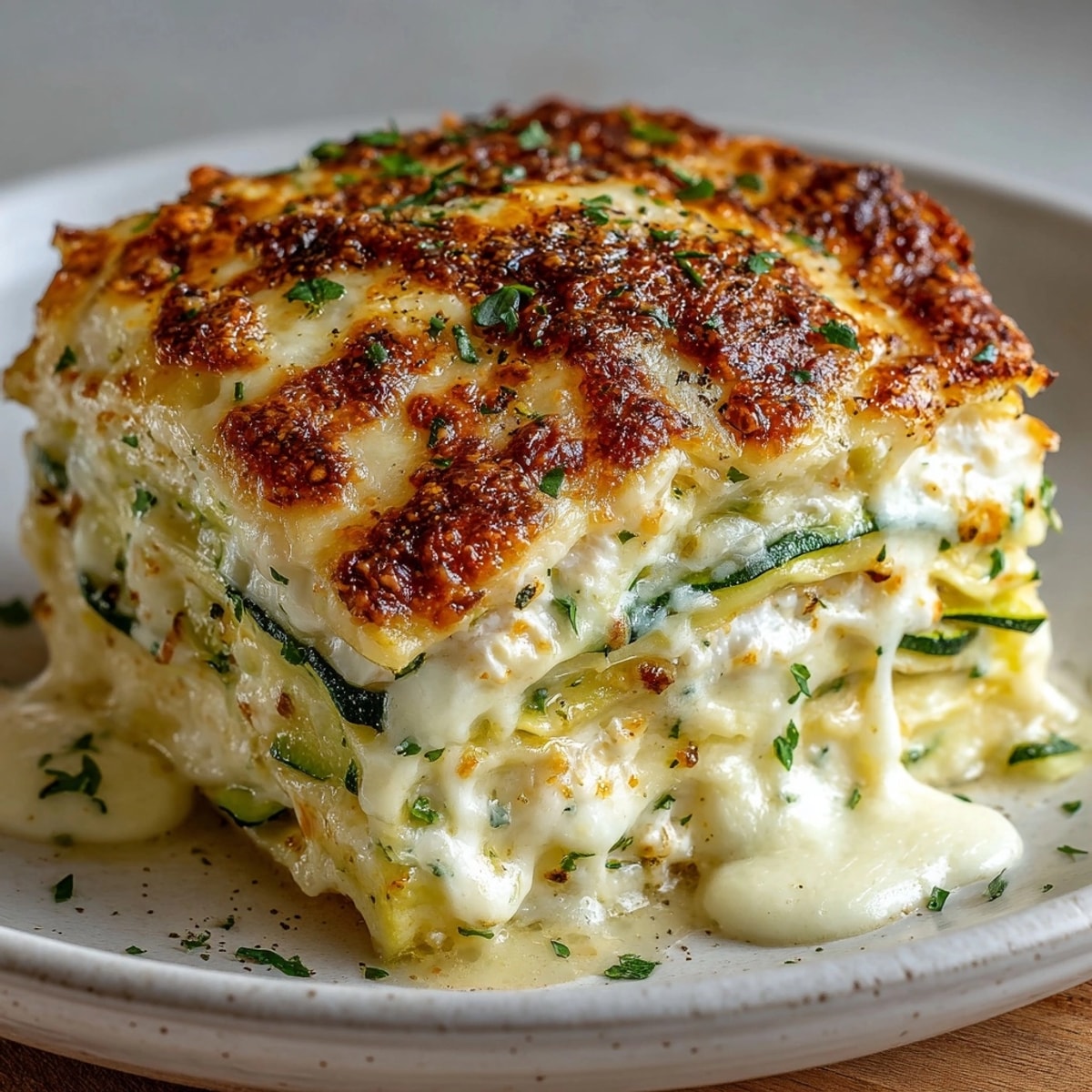Lasagnes aux courgettes et feta, dorées et gratinées, parfaites pour un dîner convivial facile.